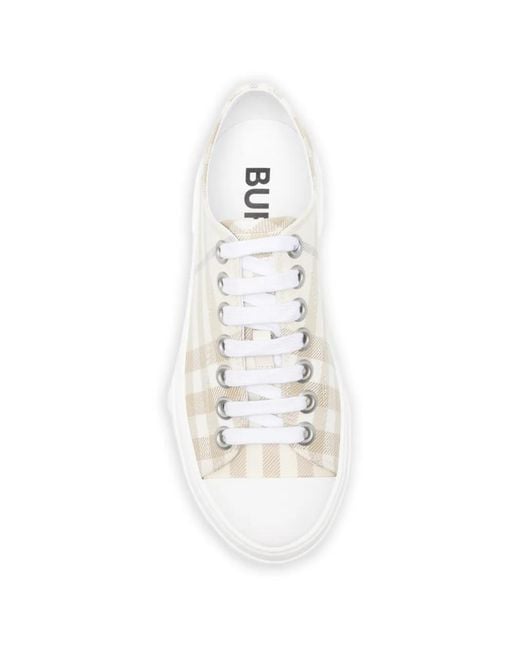 Burberry White Cotton Lace-Up Round-Toe Sneakers With Embossed Heel Logo