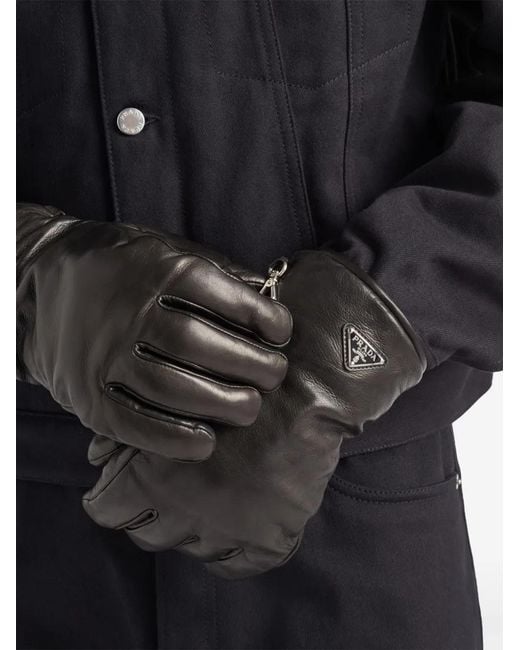 Prada Black Triangle-Logo Leather Gloves for men