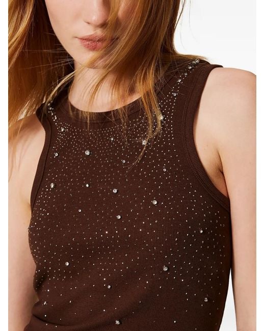 Twinset Brown Ribbed Top With Embroidery