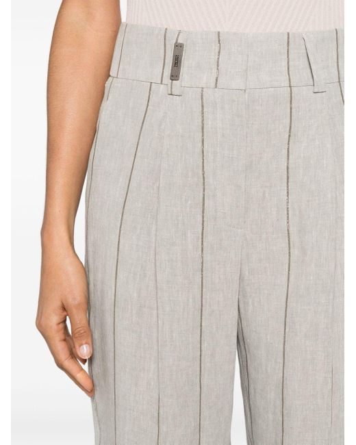 Peserico White Pinstriped Linen Cropped Trousers