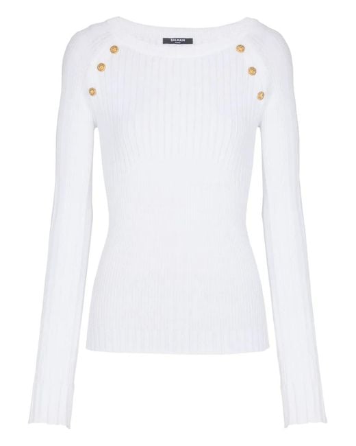 Balmain White Geripptes Top Mit Knöpfen