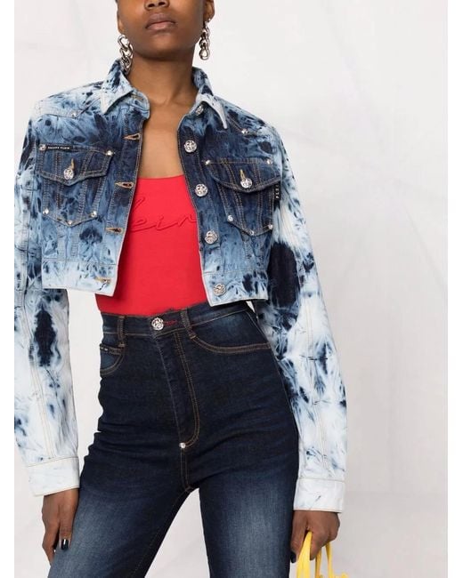 Philipp Plein Blue Bleached-effect Cropped Denim Jacket