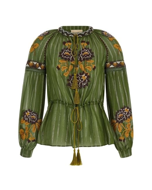 Valentino Garavani Green Embroidered Tassel Silk Blouse