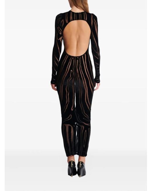 Balmain Black Zebra-Print Velvet Midi Dress