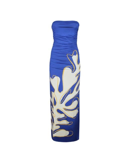 Cala De La Cruz Blue Daphne Ruched Coral-Print Dress