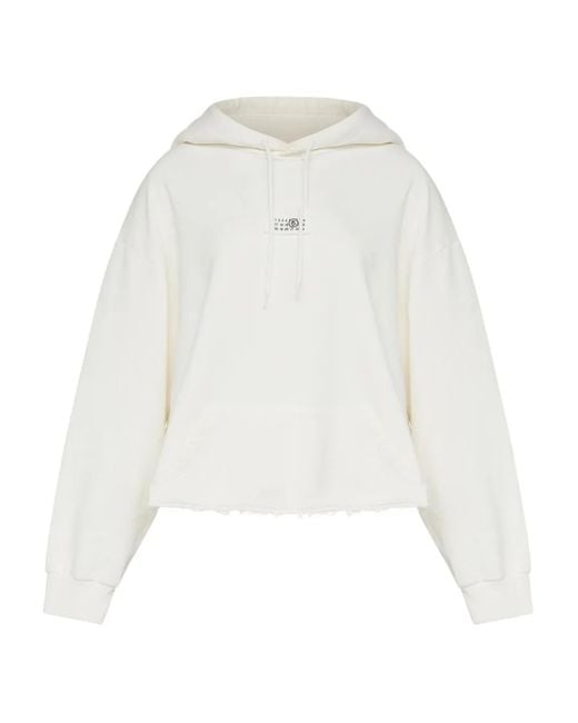 MM6 by Maison Margiela White Frayed-Hem Logo Hoodie