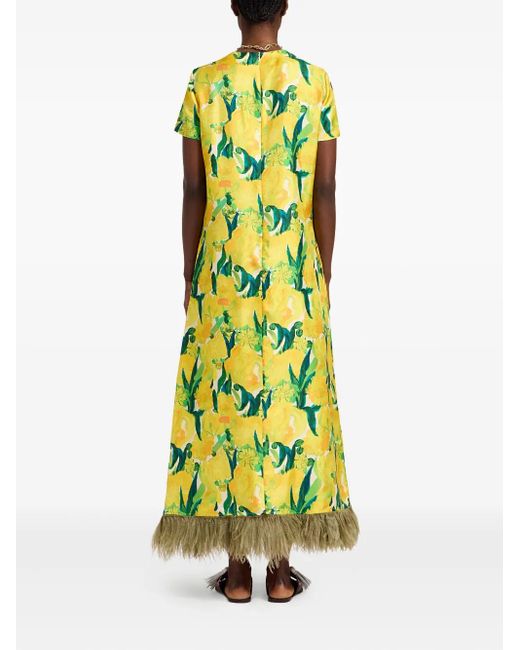LaDoubleJ Yellow Swing Floral-Print Feather-Hem Maxi Dress