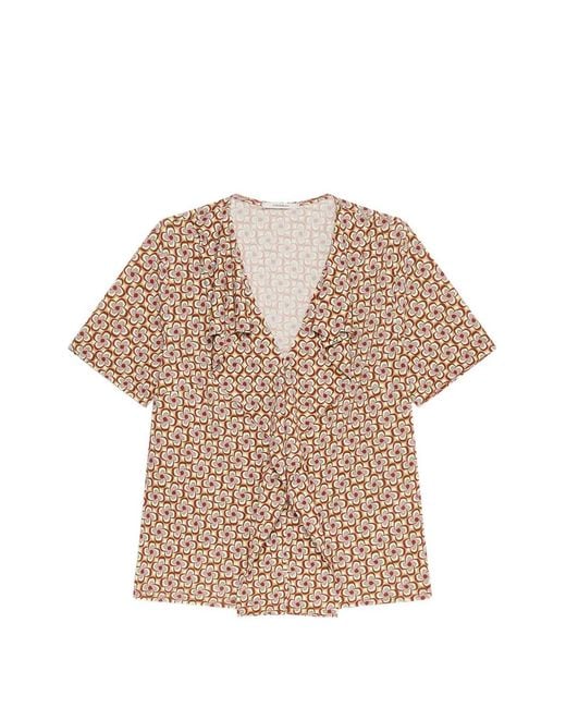 Maliparmi Natural Mouliné Ruffled Geometric V-Neck Top