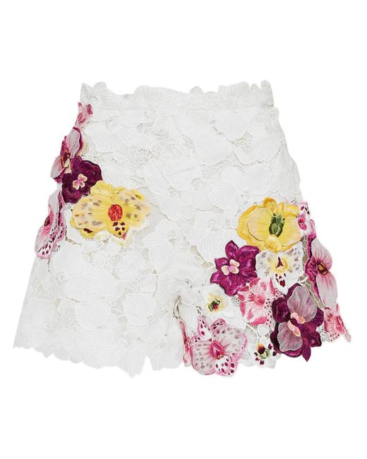 Oscar de la Renta White Orchid Embroidered Guipure Shorts