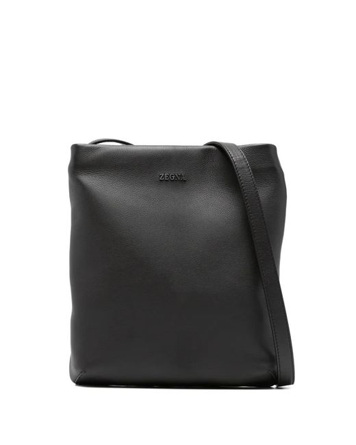 Zegna Black Sacoche En Cuir À Plaque Logo for men