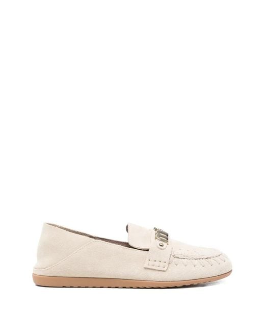 Mou White Logo-Plaque Whipstitch-Trim Loafers