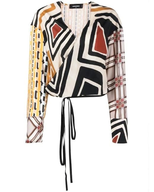 DSquared² Multicolor Geometric-Print Wrap-Front Blouse