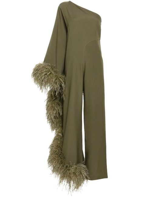 Taller Marmo Green Feather-Trim Cady Jumpsuit
