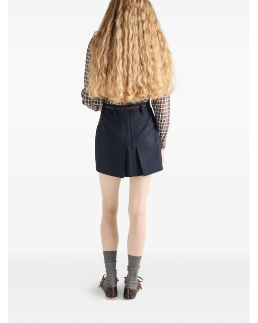Prada Blue Leather-Pocket Pleated Mini Skirt