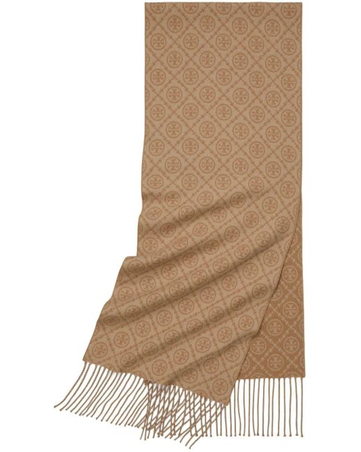 Tory Burch Logo Intarsia-knit Fringe-detailing Scarf in Natural | Lyst