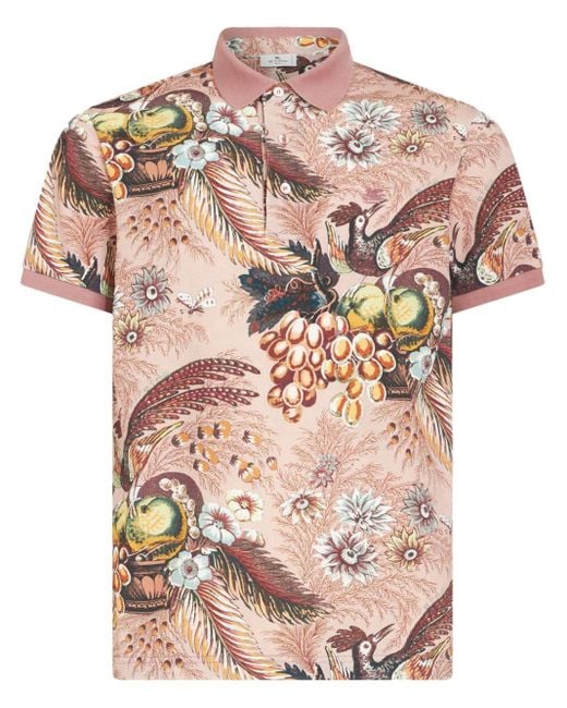 Etro Pink Floral-print Cotton Polo Shirt for men