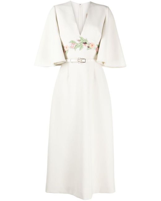 Elie Saab White Floral-appliqué Midi Dress
