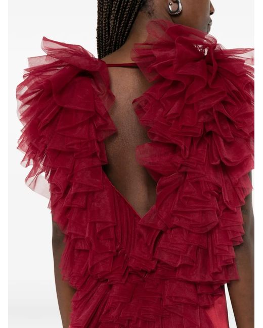 Dunesi Red Mariposa Ruffled Gown