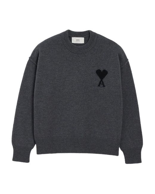 AMI Gray Ami De Coeur Crew-Neck Wool Sweater