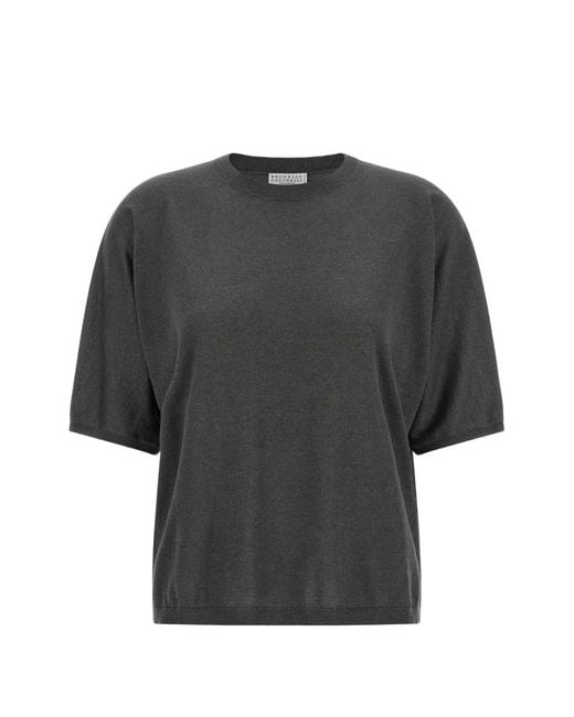 Brunello Cucinelli Gray Sparkling Short-Sleeve Sweater