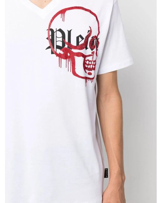 Philipp Plein White V-Neck Logo T-Shirt for men