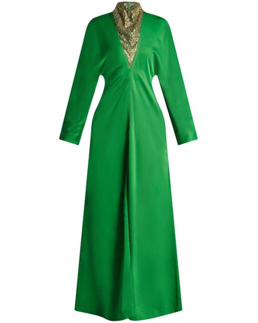 Ferragamo Green Stone-appliqué Long-sleeved Gown