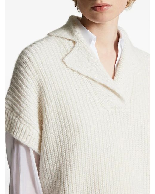 Peserico White Ribbed Collar Sweater