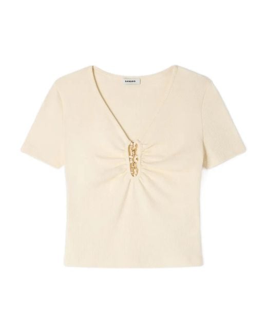 T-Shirt Con Scollo A V di Sandro in Natural