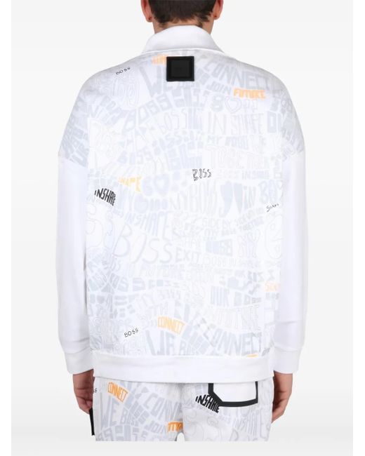 Boss White Graphic-Patch Zip-Up Sweatshirt for men