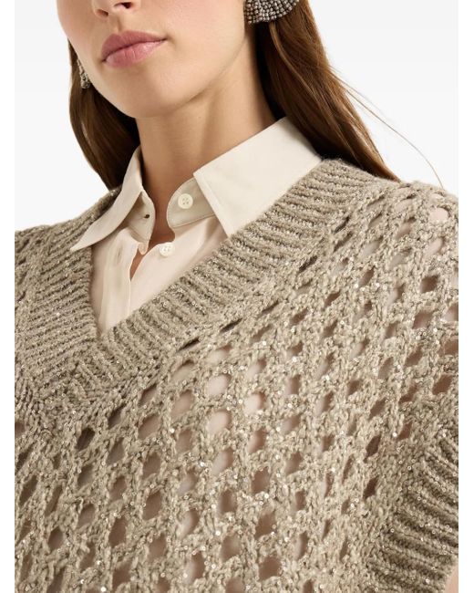Brunello Cucinelli Gray Open-Knit Sleeveless Top
