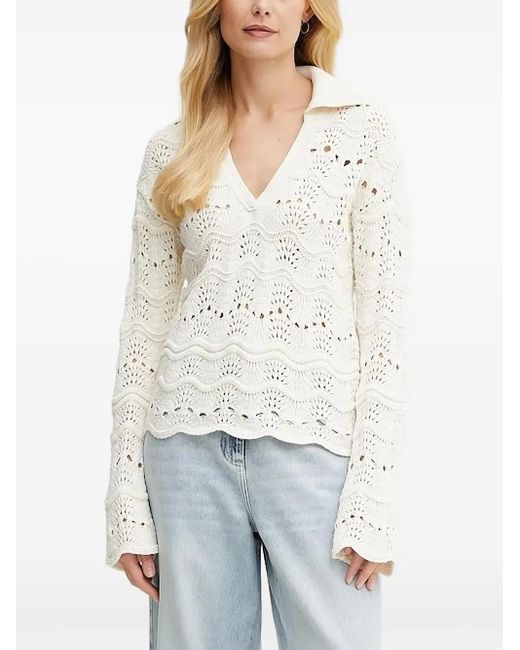 Boss White Open-Knit Collared Sweater