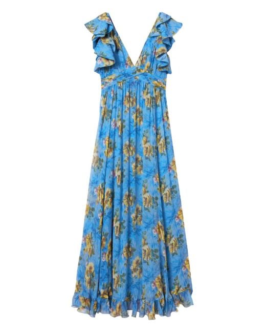 LaDoubleJ Blue Ruffled-Details Floral-Print Maxi Dress