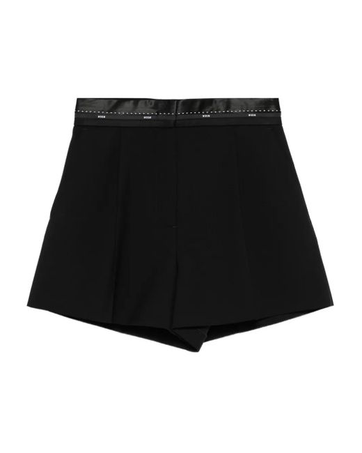 MSGM Black Pleated Satin-Trimmed Shorts