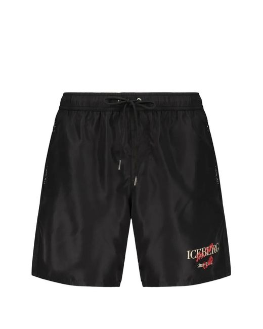 Iceberg Black Logo-Print Drawstring Swim Shorts for men