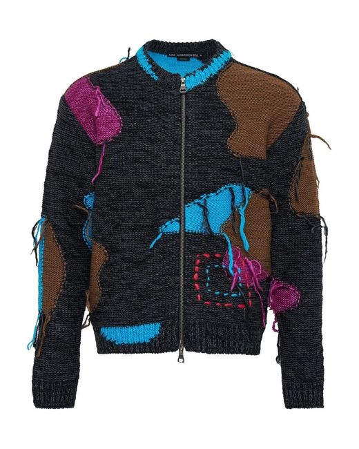 ANDERSSON BELL Blue Patchwork Frayed Zip-Up Cardigan