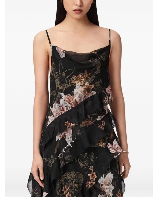 AllSaints Black Floral-Print Ruffled Maxi Dress