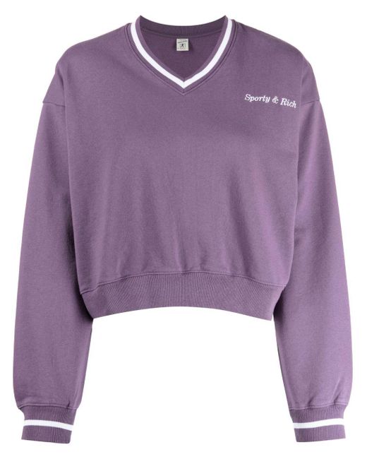 Sporty & Rich Purple Besticktes Sweatshirt mit V-Ausschnitt