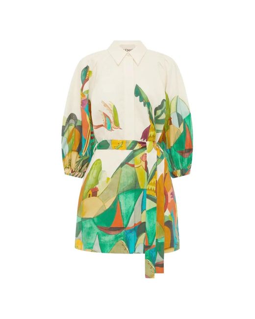 ALÉMAIS Green Mokshini Puff-Sleeve Printed Mini Dress
