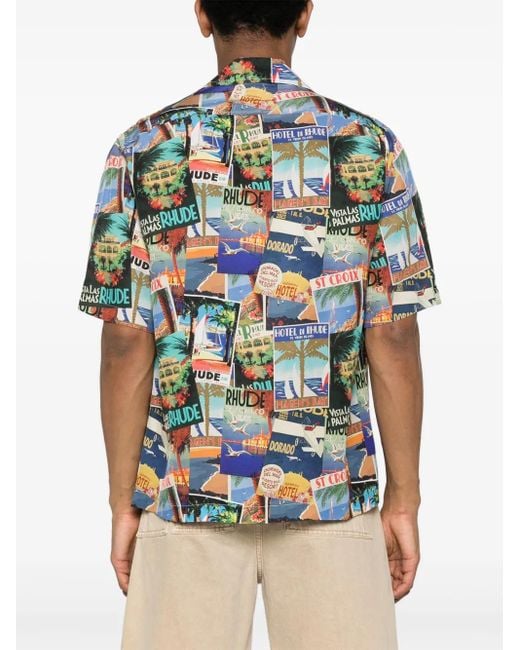 Rhude Blue Postcard Mini Silk Shirt For for men