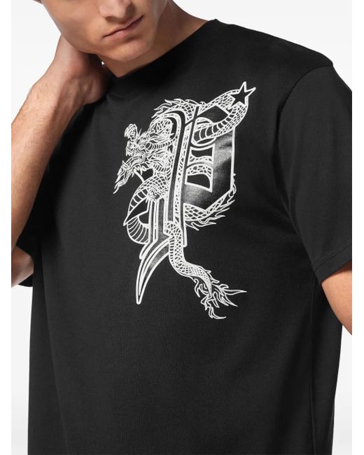 Philipp Plein Black T-Shirt Round Neck Ss Dragon for men
