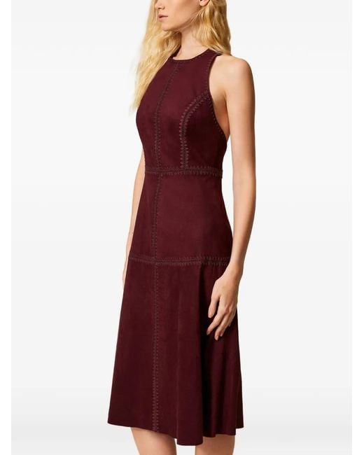 Twinset Purple Midi Suede Dress With Embroidery