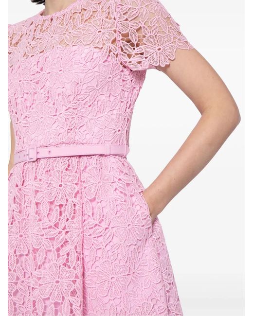 Self-Portrait Guipure-Lace Belted Mini Dress in Pink | Lyst