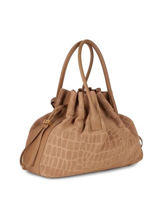 Elisabetta Franchi Brown Crocodile-Print Tote Bag
