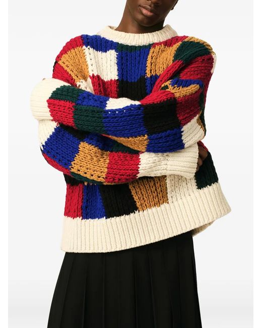 AMI Blue Checkered Wool Crew-Neck Sweater for men