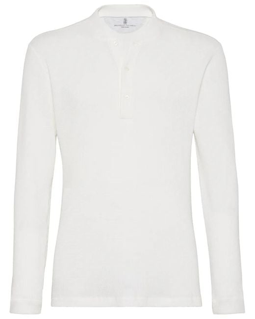 Brunello Cucinelli メンズ ホワイト ワッフルニット ヘンリーネック T