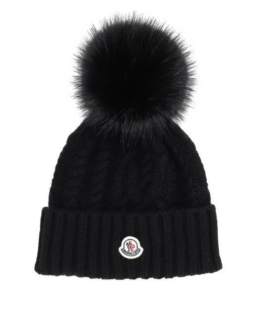 Moncler Black Beanie mit Zopfstrickmuster