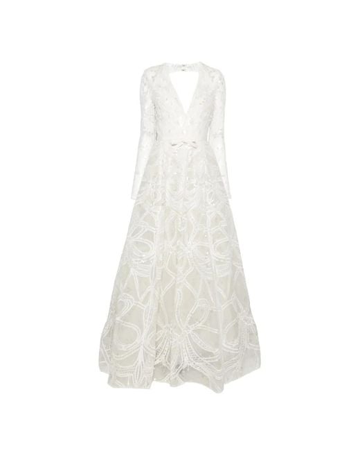 Elie Saab White Sequin-Embellished Lace-Overlay Maxi Dress