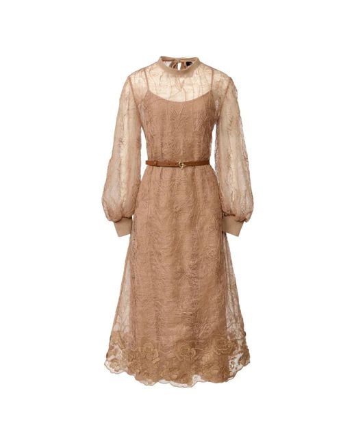 Fabiana Filippi Natural Belted Lace-Overlay Midi Dress