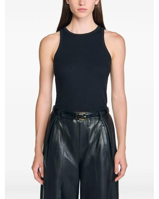 Sandro Black Logo-Embroidered Ribbed Tank Top