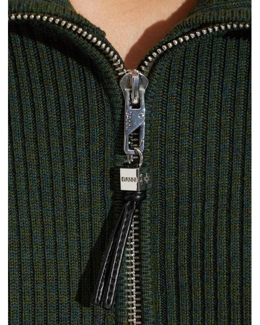 Ganni Green Ribbed-Knit Handkerchief-Hem Dress